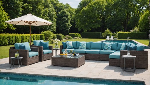 How can you ensure the durability of poolside furniture in the UK's varied weather?